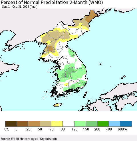 Korea Percent of Normal Precipitation 2-Month (WMO) Thematic Map For 9/1/2023 - 10/31/2023