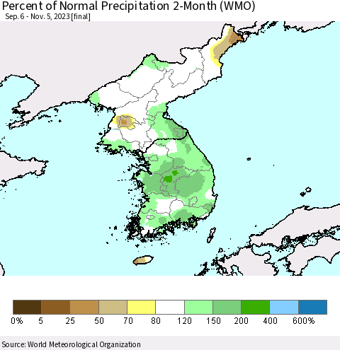 Korea Percent of Normal Precipitation 2-Month (WMO) Thematic Map For 9/6/2023 - 11/5/2023