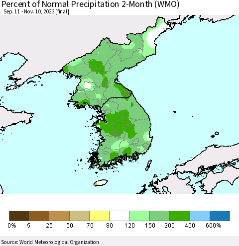 Korea Percent of Normal Precipitation 2-Month (WMO) Thematic Map For 9/11/2023 - 11/10/2023