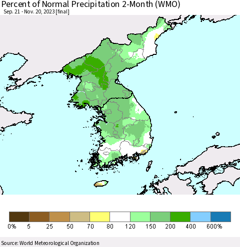 Korea Percent of Normal Precipitation 2-Month (WMO) Thematic Map For 9/21/2023 - 11/20/2023