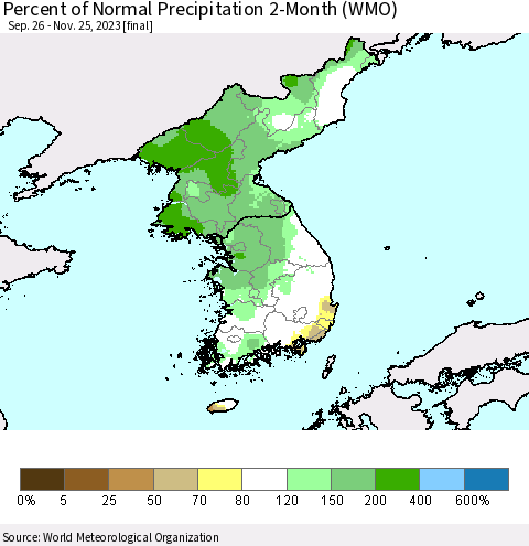 Korea Percent of Normal Precipitation 2-Month (WMO) Thematic Map For 9/26/2023 - 11/25/2023