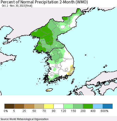 Korea Percent of Normal Precipitation 2-Month (WMO) Thematic Map For 10/1/2023 - 11/30/2023