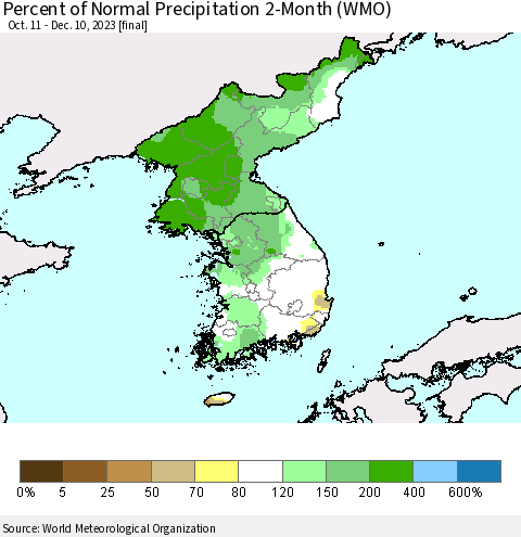 Korea Percent of Normal Precipitation 2-Month (WMO) Thematic Map For 10/11/2023 - 12/10/2023