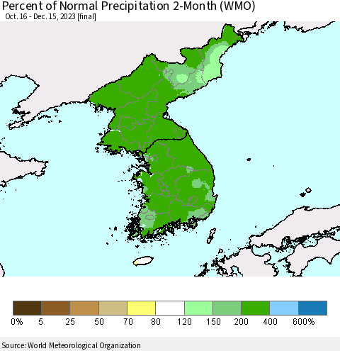 Korea Percent of Normal Precipitation 2-Month (WMO) Thematic Map For 10/16/2023 - 12/15/2023