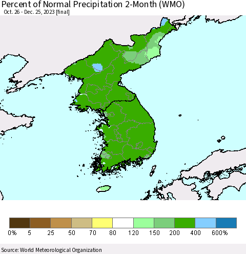 Korea Percent of Normal Precipitation 2-Month (WMO) Thematic Map For 10/26/2023 - 12/25/2023