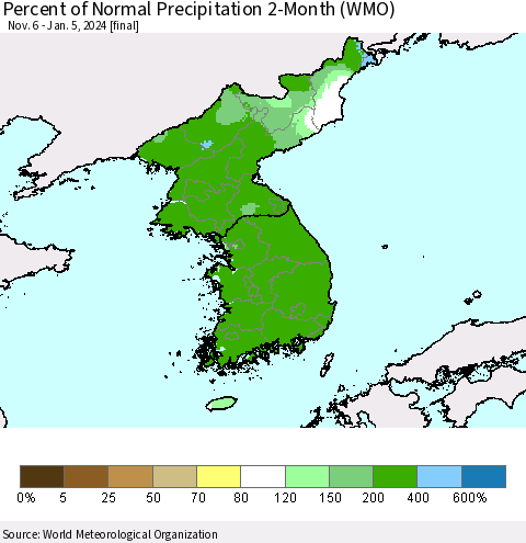 Korea Percent of Normal Precipitation 2-Month (WMO) Thematic Map For 11/6/2023 - 1/5/2024