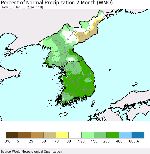 Korea Percent of Normal Precipitation 2-Month (WMO) Thematic Map For 11/11/2023 - 1/10/2024