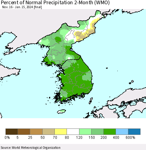 Korea Percent of Normal Precipitation 2-Month (WMO) Thematic Map For 11/16/2023 - 1/15/2024