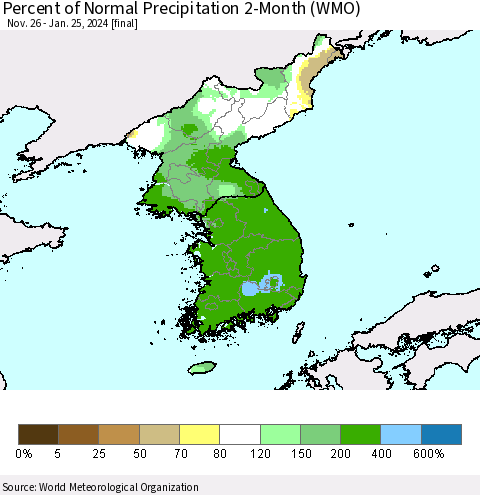 Korea Percent of Normal Precipitation 2-Month (WMO) Thematic Map For 11/26/2023 - 1/25/2024