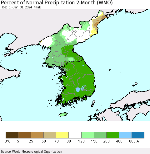Korea Percent of Normal Precipitation 2-Month (WMO) Thematic Map For 12/1/2023 - 1/31/2024
