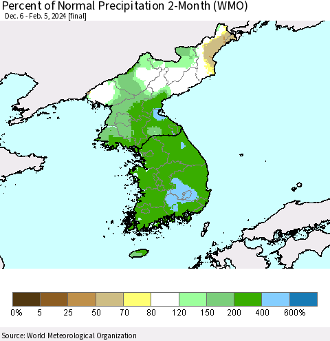 Korea Percent of Normal Precipitation 2-Month (WMO) Thematic Map For 12/6/2023 - 2/5/2024