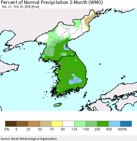 Korea Percent of Normal Precipitation 2-Month (WMO) Thematic Map For 12/11/2023 - 2/10/2024