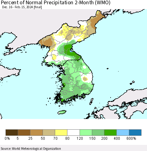 Korea Percent of Normal Precipitation 2-Month (WMO) Thematic Map For 12/16/2023 - 2/15/2024