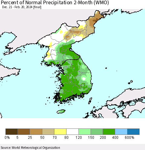 Korea Percent of Normal Precipitation 2-Month (WMO) Thematic Map For 12/21/2023 - 2/20/2024