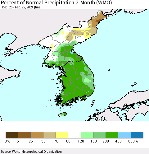 Korea Percent of Normal Precipitation 2-Month (WMO) Thematic Map For 12/26/2023 - 2/25/2024