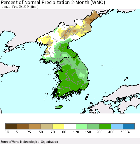 Korea Percent of Normal Precipitation 2-Month (WMO) Thematic Map For 1/1/2024 - 2/29/2024