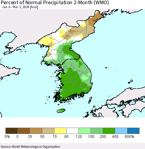 Korea Percent of Normal Precipitation 2-Month (WMO) Thematic Map For 1/6/2024 - 3/5/2024