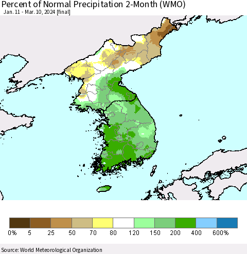Korea Percent of Normal Precipitation 2-Month (WMO) Thematic Map For 1/11/2024 - 3/10/2024