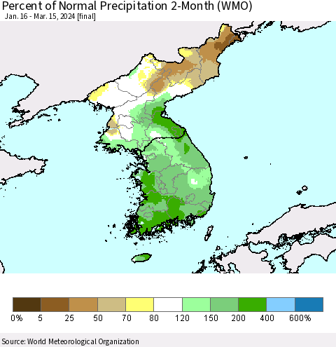 Korea Percent of Normal Precipitation 2-Month (WMO) Thematic Map For 1/16/2024 - 3/15/2024