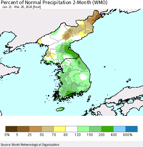 Korea Percent of Normal Precipitation 2-Month (WMO) Thematic Map For 1/21/2024 - 3/20/2024