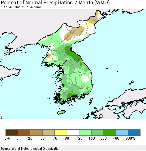 Korea Percent of Normal Precipitation 2-Month (WMO) Thematic Map For 1/26/2024 - 3/25/2024