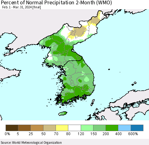 Korea Percent of Normal Precipitation 2-Month (WMO) Thematic Map For 2/1/2024 - 3/31/2024