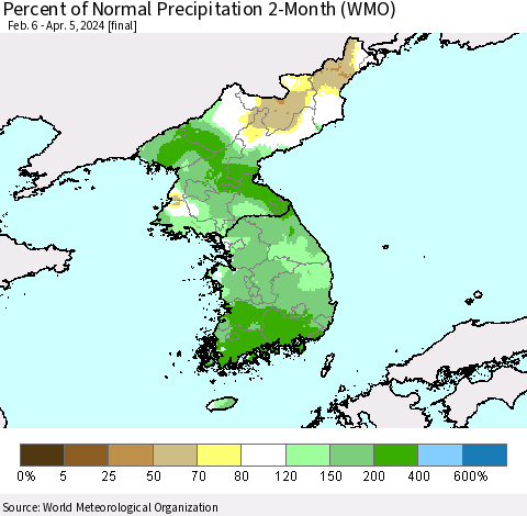 Korea Percent of Normal Precipitation 2-Month (WMO) Thematic Map For 2/6/2024 - 4/5/2024