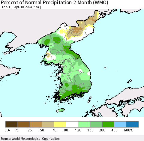 Korea Percent of Normal Precipitation 2-Month (WMO) Thematic Map For 2/11/2024 - 4/10/2024