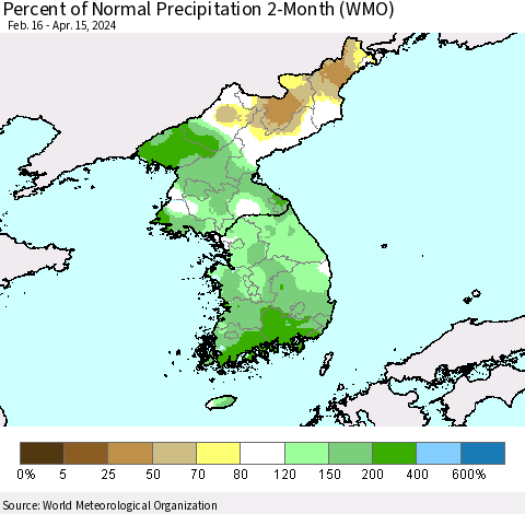 Korea Percent of Normal Precipitation 2-Month (WMO) Thematic Map For 2/16/2024 - 4/15/2024