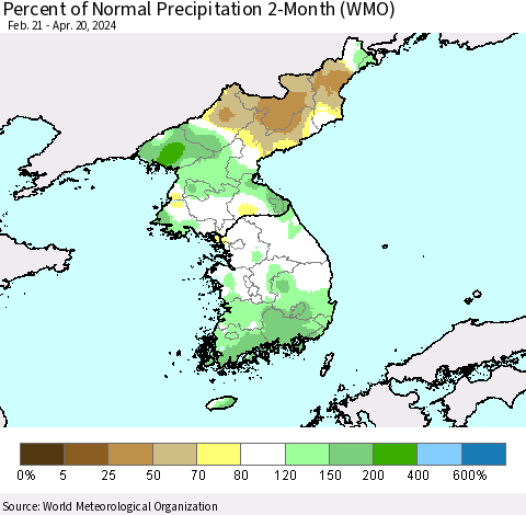 Korea Percent of Normal Precipitation 2-Month (WMO) Thematic Map For 2/21/2024 - 4/20/2024