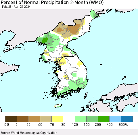 Korea Percent of Normal Precipitation 2-Month (WMO) Thematic Map For 2/26/2024 - 4/25/2024
