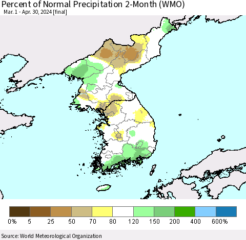 Korea Percent of Normal Precipitation 2-Month (WMO) Thematic Map For 3/1/2024 - 4/30/2024