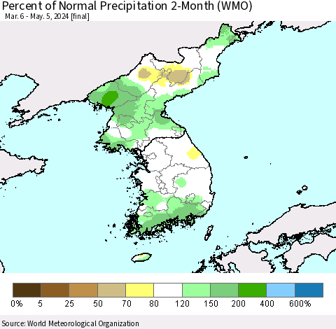 Korea Percent of Normal Precipitation 2-Month (WMO) Thematic Map For 3/6/2024 - 5/5/2024