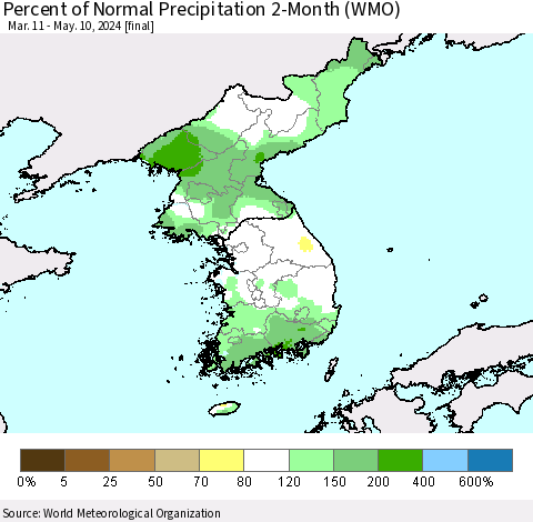 Korea Percent of Normal Precipitation 2-Month (WMO) Thematic Map For 3/11/2024 - 5/10/2024