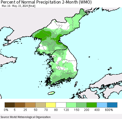 Korea Percent of Normal Precipitation 2-Month (WMO) Thematic Map For 3/16/2024 - 5/15/2024