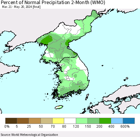 Korea Percent of Normal Precipitation 2-Month (WMO) Thematic Map For 3/21/2024 - 5/20/2024