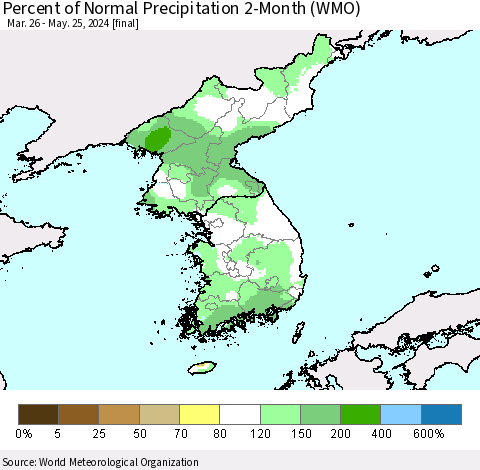 Korea Percent of Normal Precipitation 2-Month (WMO) Thematic Map For 3/26/2024 - 5/25/2024