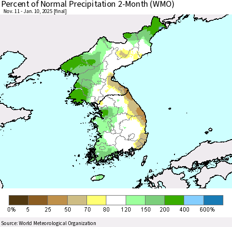 Korea Percent of Normal Precipitation 2-Month (WMO) Thematic Map For 11/11/2024 - 1/10/2025