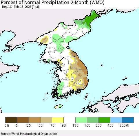 Korea Percent of Normal Precipitation 2-Month (WMO) Thematic Map For 12/16/2024 - 2/15/2025
