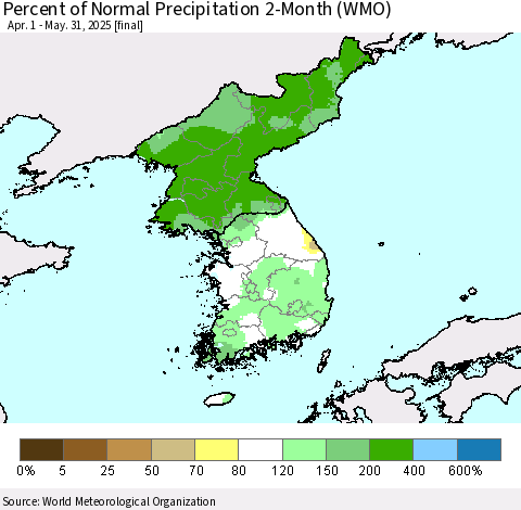 Korea Percent of Normal Precipitation 2-Month (WMO) Thematic Map For 4/1/2025 - 5/31/2025