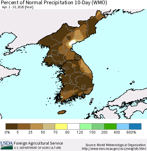 Korea Percent of Normal Precipitation 10-Day (WMO) Thematic Map For 4/1/2020 - 4/10/2020