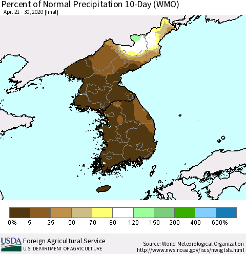 Korea Percent of Normal Precipitation 10-Day (WMO) Thematic Map For 4/21/2020 - 4/30/2020