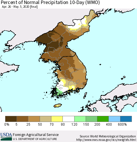 Korea Percent of Normal Precipitation 10-Day (WMO) Thematic Map For 4/26/2020 - 5/5/2020