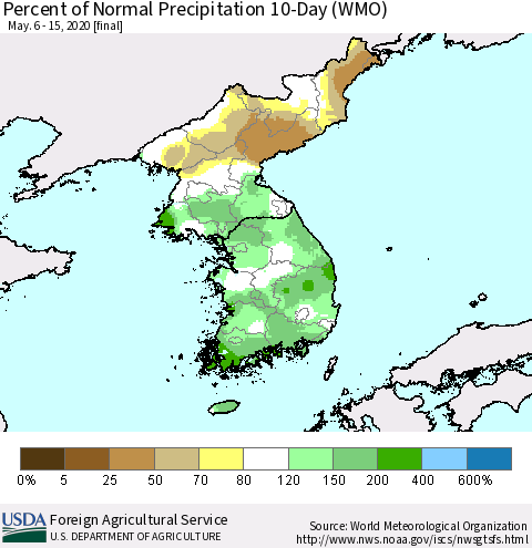 Korea Percent of Normal Precipitation 10-Day (WMO) Thematic Map For 5/6/2020 - 5/15/2020