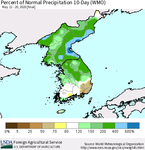 Korea Percent of Normal Precipitation 10-Day (WMO) Thematic Map For 5/11/2020 - 5/20/2020