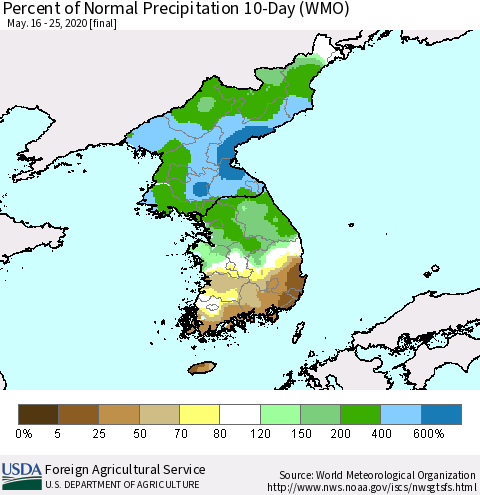 Korea Percent of Normal Precipitation 10-Day (WMO) Thematic Map For 5/16/2020 - 5/25/2020