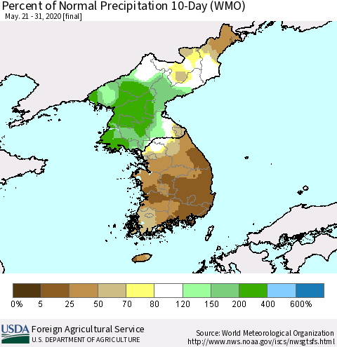 Korea Percent of Normal Precipitation 10-Day (WMO) Thematic Map For 5/21/2020 - 5/31/2020