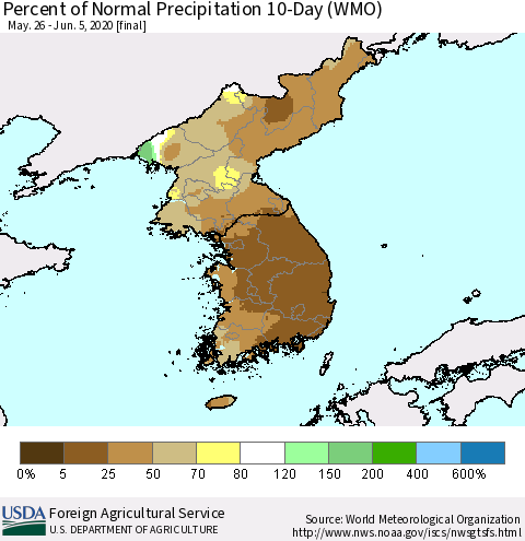 Korea Percent of Normal Precipitation 10-Day (WMO) Thematic Map For 5/26/2020 - 6/5/2020