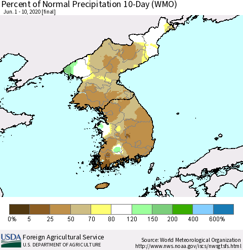 Korea Percent of Normal Precipitation 10-Day (WMO) Thematic Map For 6/1/2020 - 6/10/2020