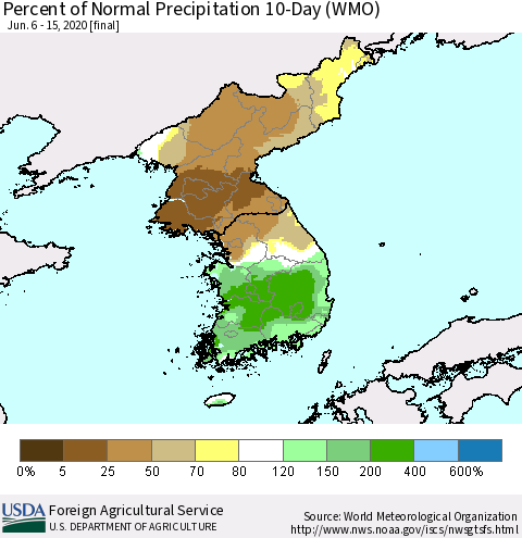 Korea Percent of Normal Precipitation 10-Day (WMO) Thematic Map For 6/6/2020 - 6/15/2020
